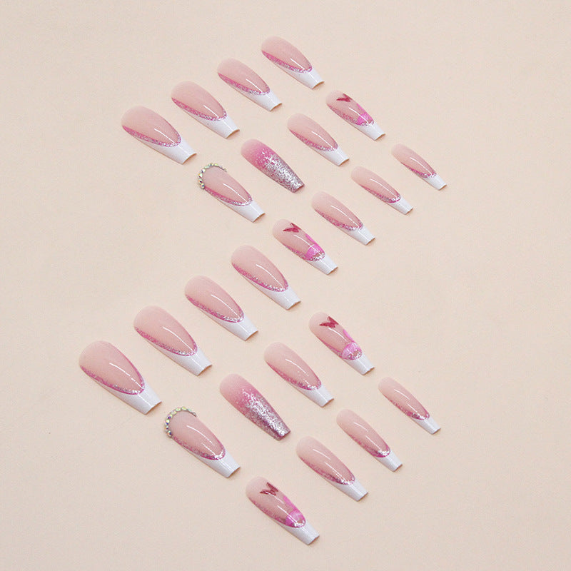 Ballet Long Long Ballet Pink Glitter French Diamond Style Pink Butterfly Stickers